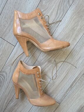Loeffler Randall Tan Mesh Lace-Up High Heel Booties 7